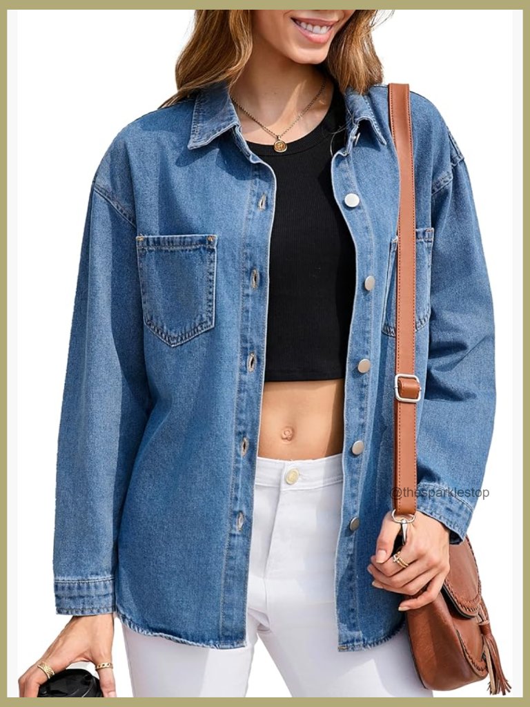 Oversized Denim Shacket Long Sleeve Button Down Casual Jacket Coat Women